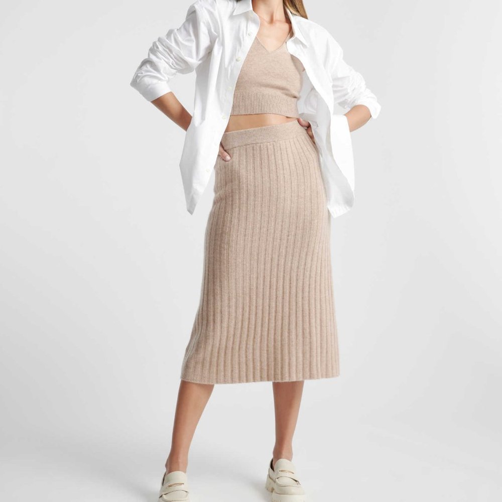 Quince Mongolian Cashmere Midi Skirt - Heather Oatmeal/XS
